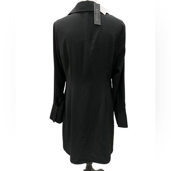 Gracia Twist Front Shirt Dress Black Long Sleeve Collared Side Zip Pockets L NWT - Picture 6 of 14